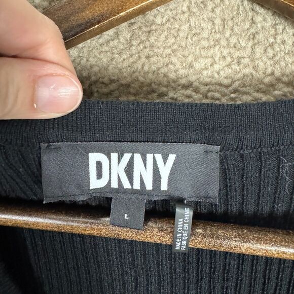 DKNY Sweater Top Womens Large L Black/Cheetah Repeat Ribbed Puff Shoulder V Neck - Picture 5 of 10